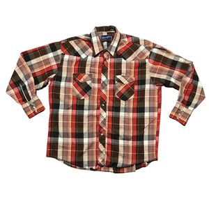 VTG Wrangler Mens Pearl Snap‎ Button Down Shirt Cowboy Rodeo Plaid Retro